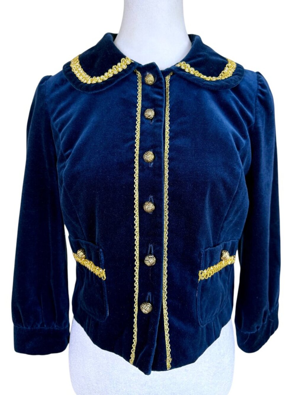 Cynthia Steffe Velvet Lady Jacket Royal Blue Gold Trim Buttons Cropped (6)